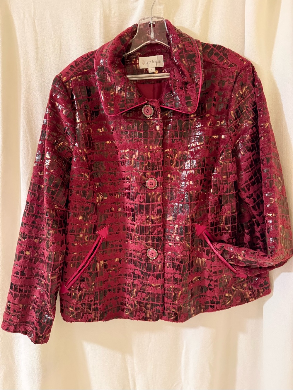Erin London Women's Burgundy Textured Button-Front Jacket